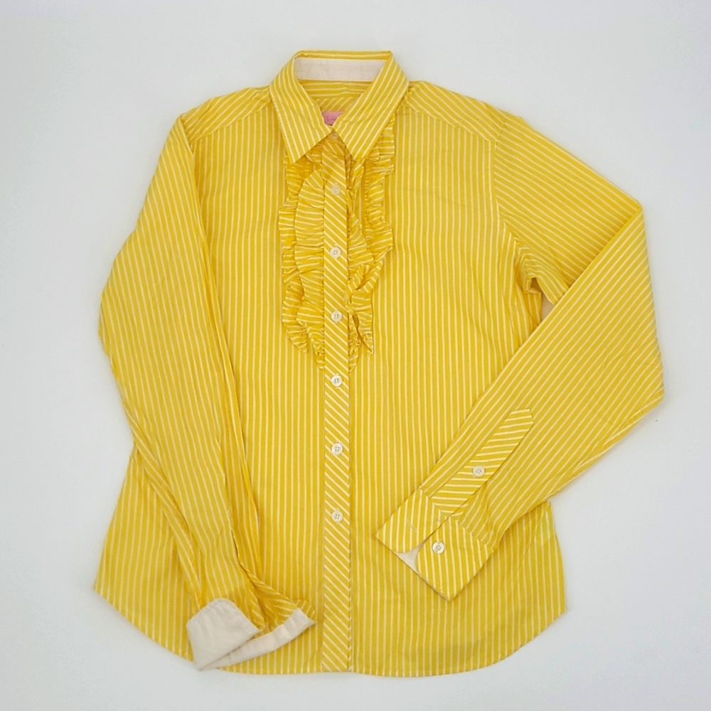 Lilly Pulitzer Yellow/White Stripe Button Down with Ruffle Detail Women's Size 6